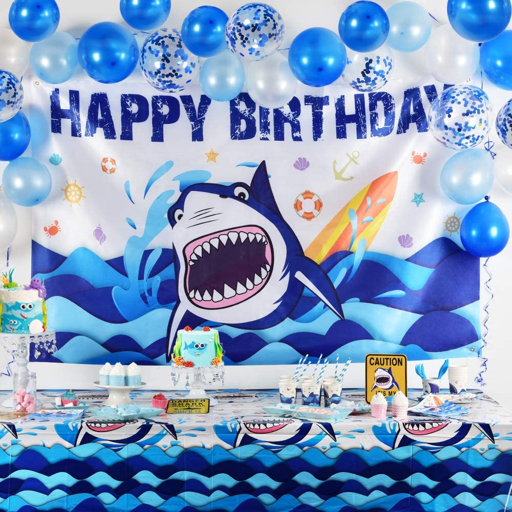 Happy Birthday SHARK themed banner ocean party decor 6.2 ft