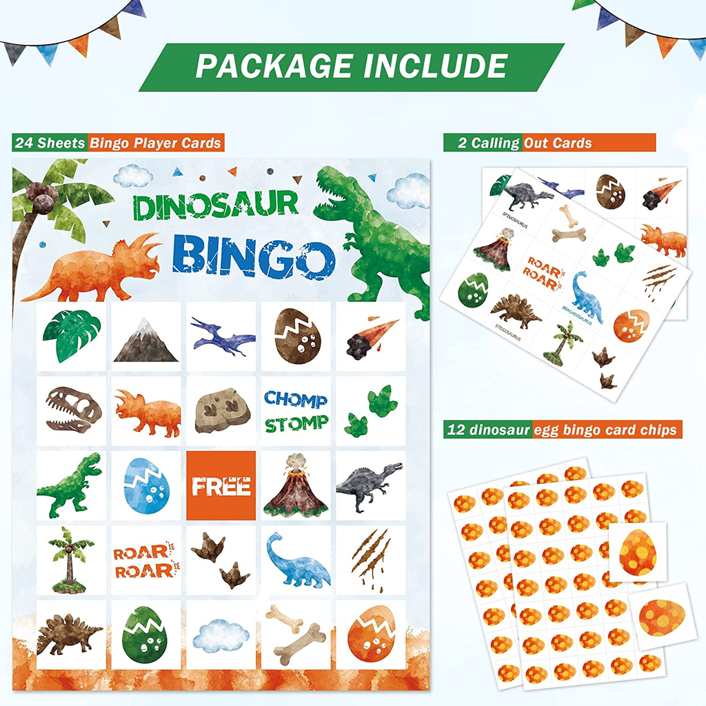 WERNNSAI Watercolor Dinosaur Birthday Bingo Game - 24 Players