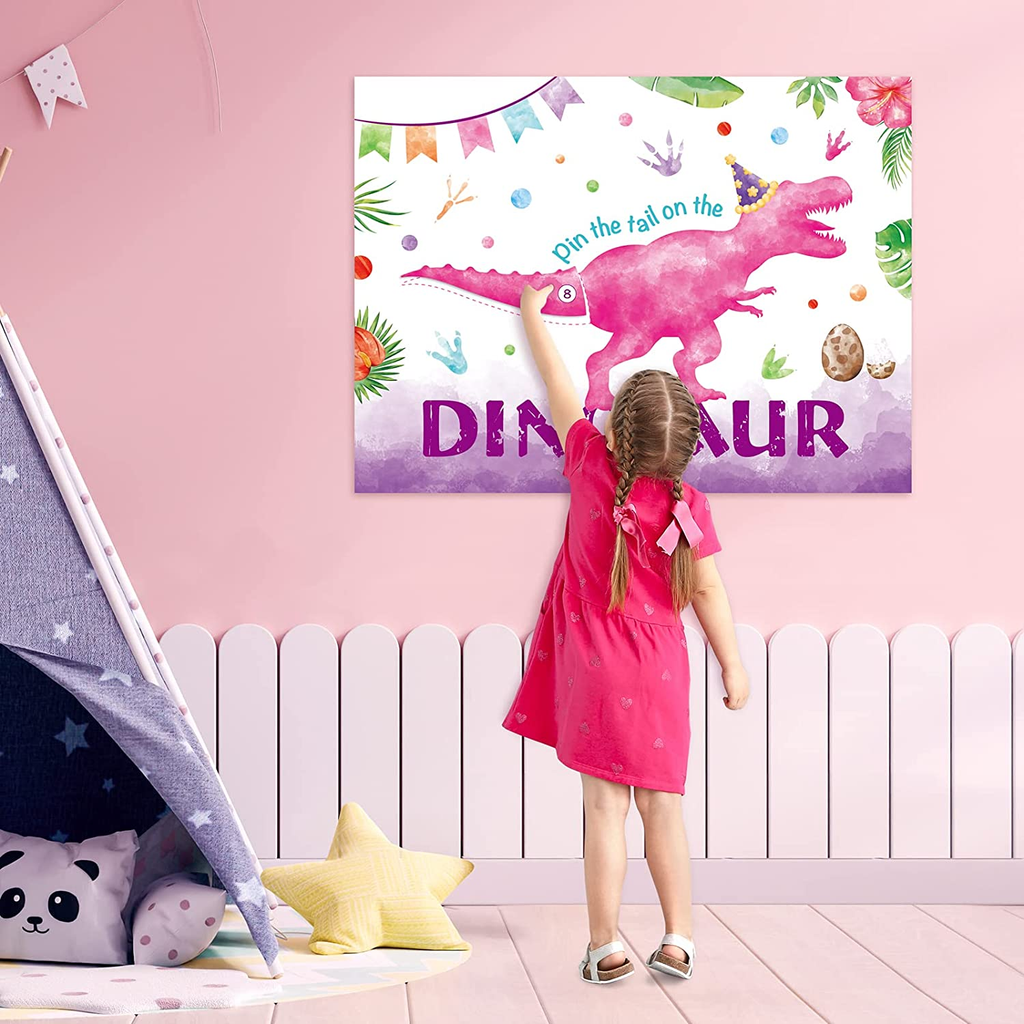 WERNNSAI Pin The Tail on The Dinosaur Game - Dino Theme Party Games for  Girls Kids 21 x 28  Dinosaur Poster 24 Pcs Pink Tails Watercolor Dinosaur