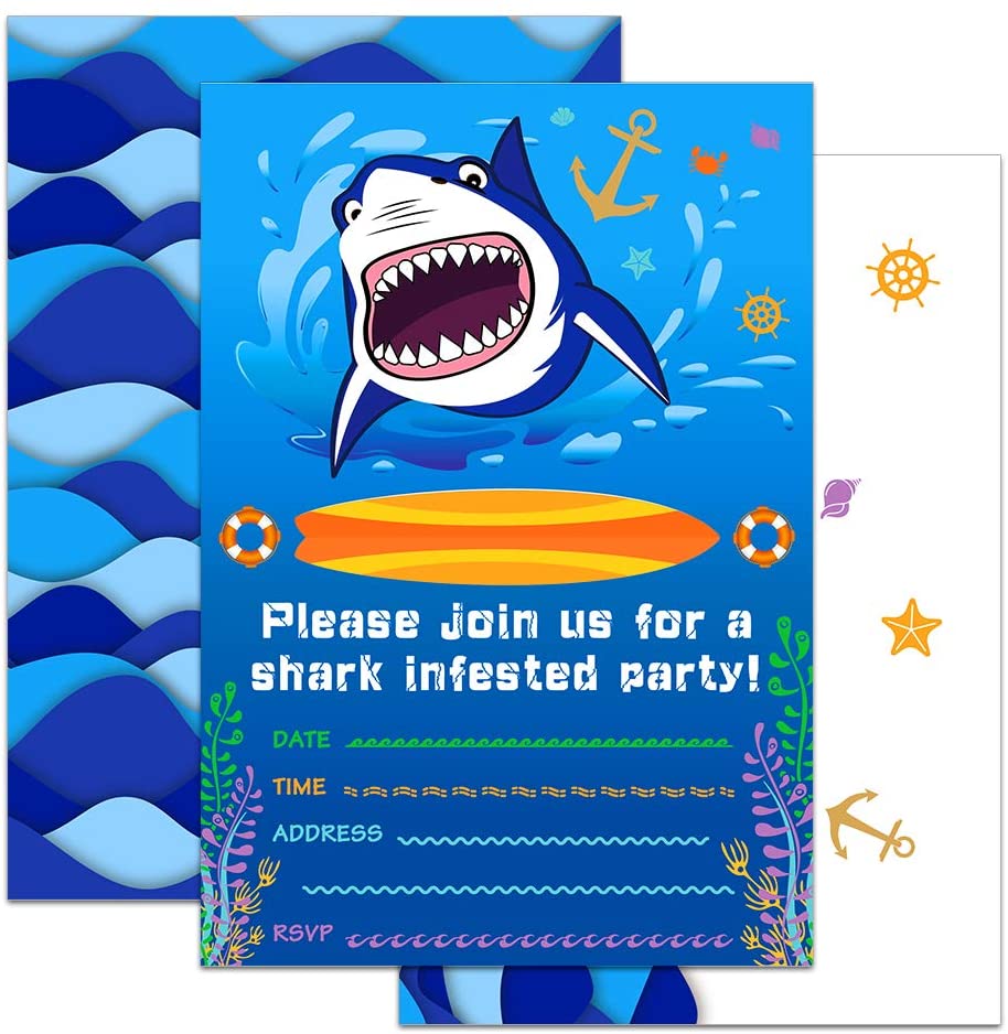 WERNNSAI Shark Party Invitations with Envelopes Blue Ocean Shark Party  Supplies 20 Set Invitation Cards for Boys Birthday Baby Shower Pool Party