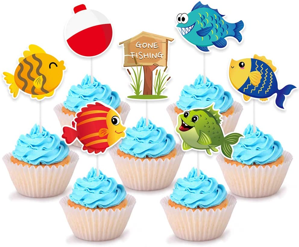 Zopeal Gone Fishing Cupcake Stand Fishing Baby Shower Decorations Supplies  3 Tier Fish Cake Decorations Dessert Cupcake Holder for Little Fisherman